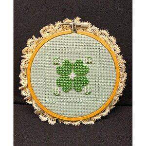 Vintage Beaded Cross-Stitched Four-Leaf Clover Shamrock Framed Embroidery Hoop